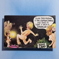 Comic Postcard C1965 Nudist Camp Fireworks Blonde Boobs Roman Candle Bamforth