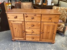 Natural Brown Pine Sideboard Cabinet with Cupboards &  6 Drawers TV Unit