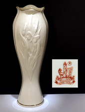 BELLEEK Vintage Bud Vase with Art Nouveau Butterfly Design & Gold Trim. 20cm T