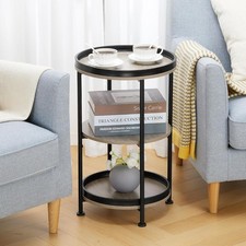 Round Side Table with Storage Shelf For Auction Sturdy Metal Oak 3-Tier