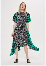 Topshop Boutique 100% Silk Asymmetric Hem Midi Dress Abstract Print Tie Back