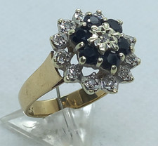 9ct yellow Gold Diamond & Sapphire cluster ring 4.5 grams size M Birmingham 1981