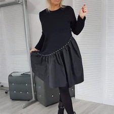 Women Pearls Patchwork Mini Dress Ladies Long Sleeve Casual Swing Skater Dress