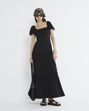 River Island Womens Midi Dress Black Short Puff Sleeve Square Neck Zip Tie Back