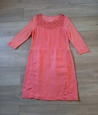 Sandwich Peach Pure Linen Tunic Dress Pockets 3/4 Sleeves Embroidered UK10/12