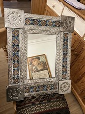 Handcrafted Mexican Punched Tin Mirror With Talavera Tiles 23”x19” Folk Art
