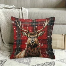 Cushion Cover Red Tartan Stag Deer Design Rustic Winter Lodge Christmas Decor