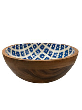 Wooden Salad / Serving Bowl with Hand Painted White and Blue Geometric Patterns