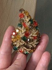 Sphinx Signed Leaf Brooch Multi-colour Rhinestone Tiered Statement Jewellery Vtg