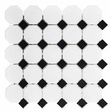 White and Black Mixed Octagon Porcelain Mosaic Floor and Wall Backsplash Tile 