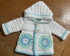 Handmade granny square baby boy girl cardigan hoodie in white, blue, mint 0-3 mt