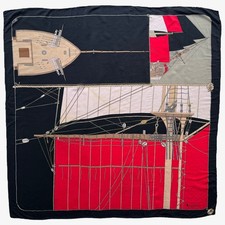 Vintage 90s Aquascutum Nautical Themed Print Black Silk Scarf, Boat Ship Shawl
