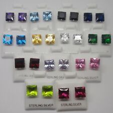 925 Sterling Silver Square Birthstone Colour CZ Diamante Stud Earrings UK SELLER