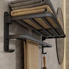 Double Tier Towel Rail Holder Wall Mounted Bathroom Rack Shelf With Hook Folding