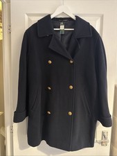 Vintage Marks & Spencer Pure New Wool Navy Coat UK 20 Gold Buttons Peacoat