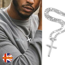 Men Women Silver Polished Figaro Chain Cross Pendant Necklace Religious Crucifix