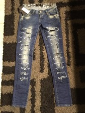 Simply Chic Skinny Jeans Small S Silver Pants Destruction Black Lace 25 26 27 28