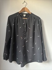 Silk Black Feather Print Collarless Blouse French Des Petits Hauts Size T1 Uk12