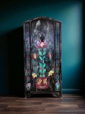 Hand Painted Folk Art Wardrobe – Black Distressed Boho Storage Cupboard