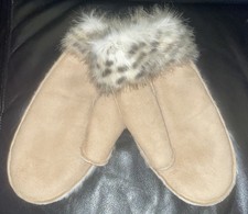 LADIES ONE SIZE FAUX SUEDE MITTENS WITH ANIMAL PRINT FAUX FUR TRIM DEBENHAMS
