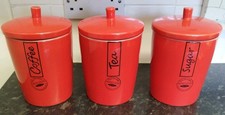 VINTAGE RAYWARE RED  " IMPRESSIONS" TEA COFFEE SUGAR CERAMIC JARS X 3