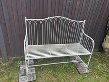 Garden Bench Pew Style  Metal White Heavy Solid Used Great 3 Seater