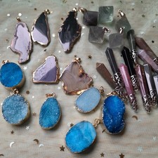Bundle of 26 gemstone pendants blue druzy agate fluorite bullet point gold plate