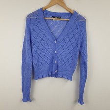 Mango Openwork Cardigan Womens Small Blue Argyll Mohair Wool Blend Knit