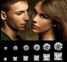 2Pcs Mens Womens DIAMOND CUT CRYSTAL DIAMANTE Sterling Silver Ear Studs Earrings