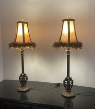 Pair Of Boudoir Tall Table Lamps With Feathered Shades