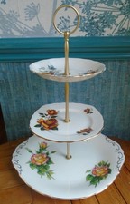 3 tier china cake stand, Vintage mismatched plates with yellow & peach roses