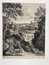 Antique Engraving The Falls of Tivoli Italy Rome  mountain Waterfall 1744