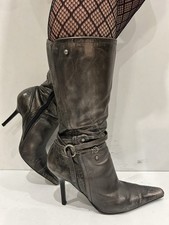 Sexy Faith Metallic Silver Pewter Snakeprint Y2K Mid Calf Pointy Boots UK7 Rare