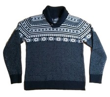 Mens Shawl Neck Nordic Snowflake Fair Isle Jumper/Sweater Navy M