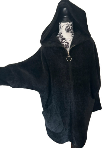 Black hooded coat angora wool