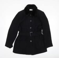 Charlotte Halton Womens Black Size 12 Belted Fur Collar Overcoat