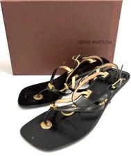 LOUIS VUITTON Black Leather Gold Trim Toe Post Kitten Heels Size UK 5 EU 38