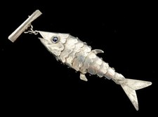 Antique Sterling Silver Flexi Fish Pendant/Brooch Cabochon Blue Sapphire Eyes