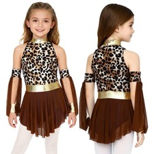 UK Kids Girls Leopard Print Mesh Tulle Dress Prehistoric Caveman Dance Wear