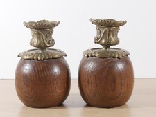 Vintage Wooden & Brass Candlesticks Pair – Mid Century Taper Candle Holders VGC