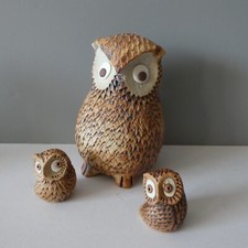 Vintage Handmade Stoneware Art Pottery Owl Family Figurine Ornaments Textured