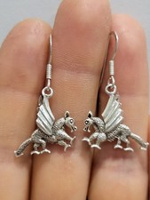 Solid Silver Flying Dragon Dangly Earrings, Mystical Fairytale Gothic, Halloween
