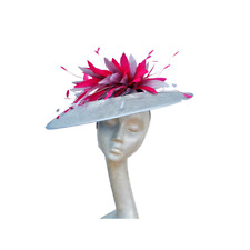 LARGE METALLIC SILVER SAUCER HATINATOR WITH SILVER GREY & FUCHSIA ASCOT WEDDING