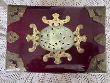 Vintage Chinese Red Lacquer Jewellery Box with Carved Jade Plaque&Brass Fittings