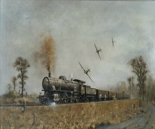 Spitfires Attack WW2 German Supply Steam Train Original Oil On Large Canvas