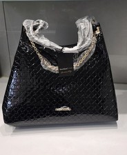 River Island Slouch Bag Black Embossed RI Monogram Print Chain Strapped