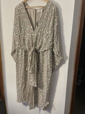 BNWT Asos Size 16 Sequin Dress Beige Silver Gold Tie Front Party Christmas