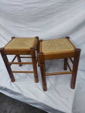 Vintage Mid Century Modern Wooden Stools with Woven Rush Seats - Set of 2...