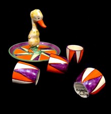 Clarice Cliff - Mr Puddle Duck Egg Cup Set / Art Deco Pottery c.1929 / Antique