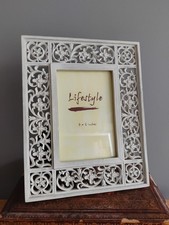 Wood Effect Photo Picture Frame Carved Flowers Painted White Shabby Chic 4x6"